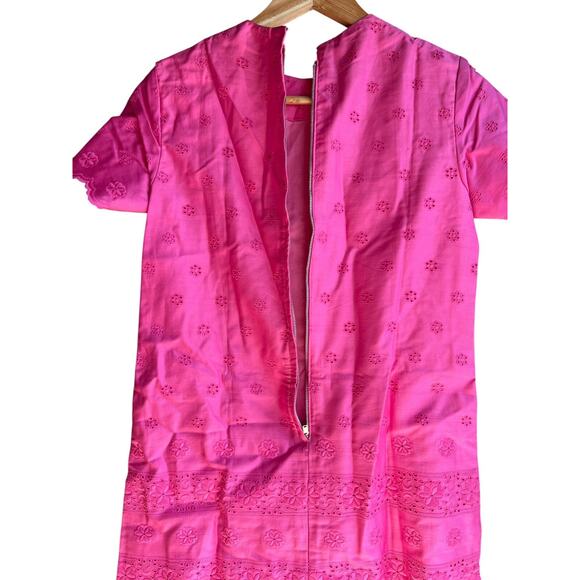 Vintage 60s MOD MCM Eyelet Mini Dress Embroidered Handmade Hot Pink Size M - Picture 2 of 5